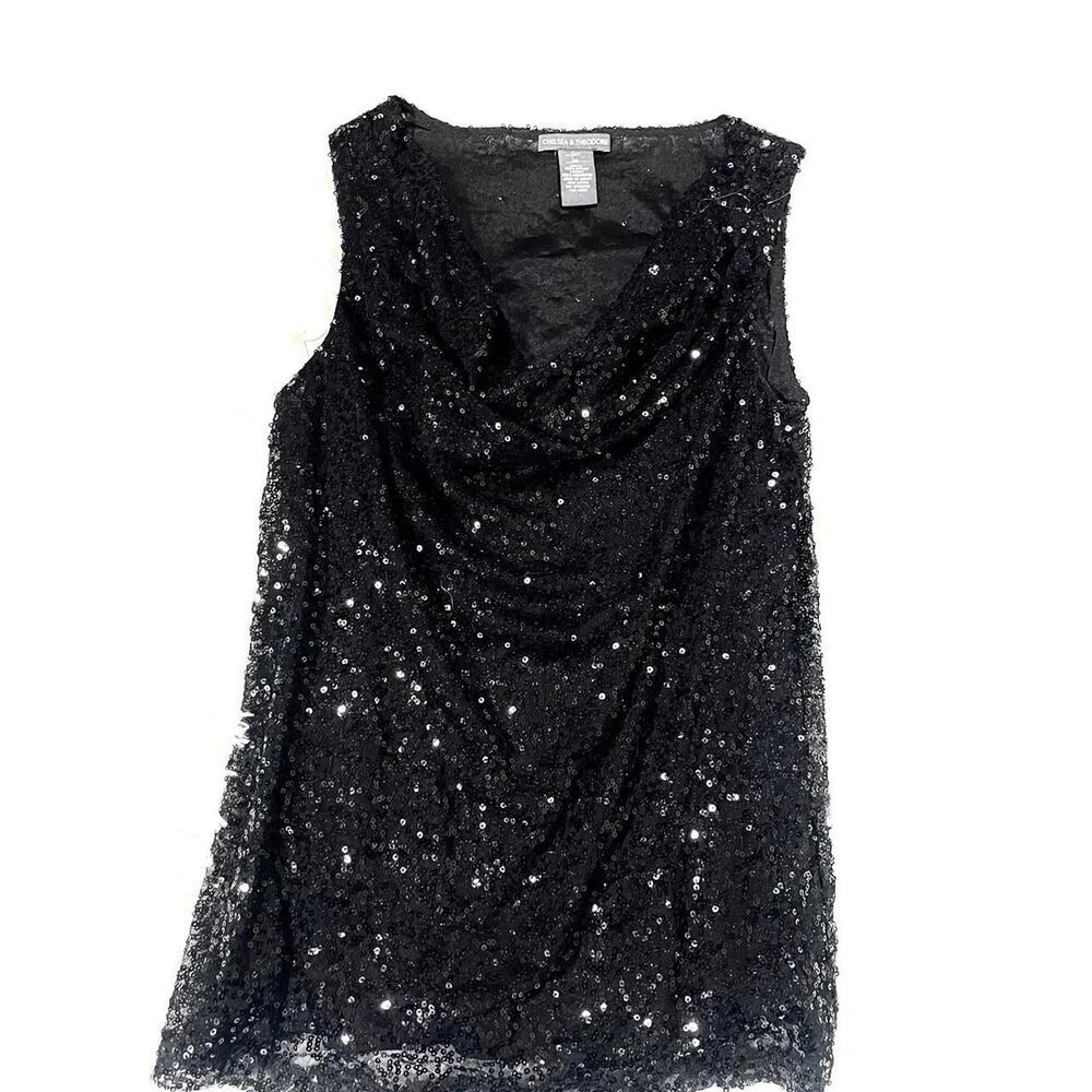 Chelsea & Theodore Black Sequin Top Size M Cowl Neck